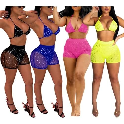 Women 2PCs Bikini Set Shiny Glitters Sparkles Summer Crystal Push-Up High Waist Bathing Suit Swimsuit Swimwear Clothing