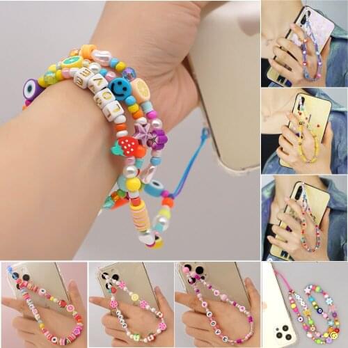 Colorful LOVE Letter Charming Women Cellphone Hanging Chain Female Evil Eye Crystal Beads Chain Lanyard Hanging Cord Jewerly