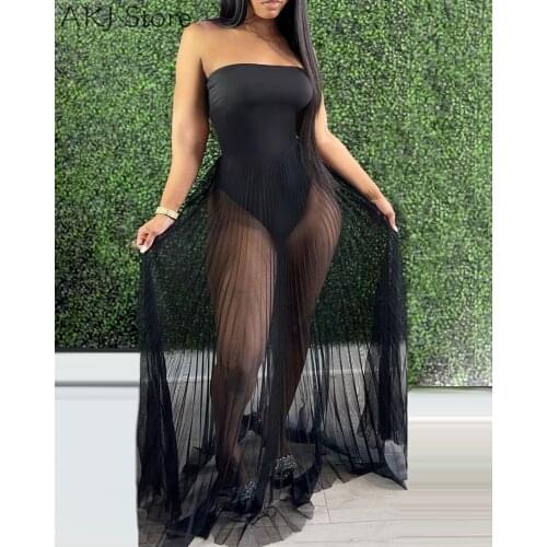 Summer Off Shoulder Sleeveless Plain Sheer Mesh Maxi Dress