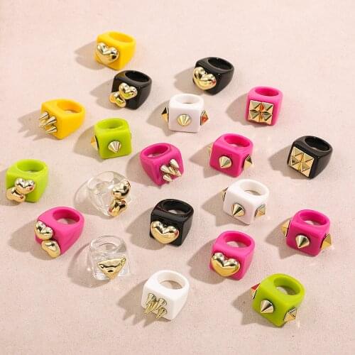 Fashion Golden Bead Heart Geometric Square Ring Candy Color Resin Acrylic Big Rings for Women Girls Aesthetic Jewelry Gift