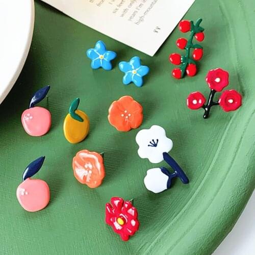 Trendy Spring and Summer Enamel Glaze Flower Fruits Ear Studs for Women No Piercing Earrings серьги Sweet Cute Korean Jewelry