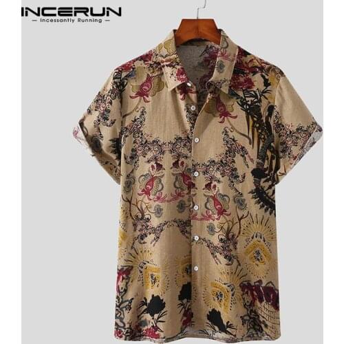 INCERUN 2021 Men Shirt Printed Lapel Short Sleeve Cotton Casual Vintage Ethnic Style Hawaiian Shirts Streetwear Camisas S-3XL
