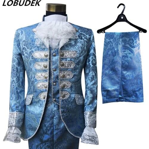 Mens Blue Court Dress Occident Wedding Blazers Suit Stage Singer Chorus Performance Clothes Host Studio Shooting Stage Outfits