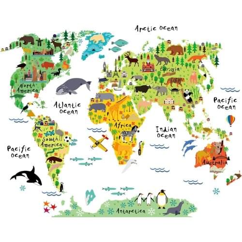 Map Tapestry for Kids Animal Landmarks World Map Wall Hanging