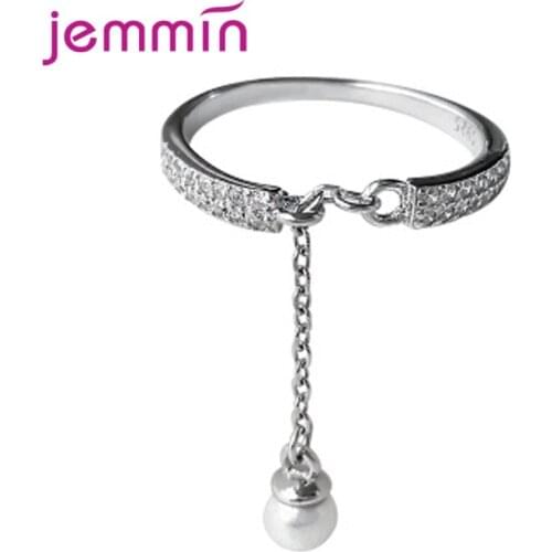 Real 925 Sterling Silver Adjustable Ring with Long Chain Tassel Hanging Pearl Open Rings Korean Style Fine Party Jewelry