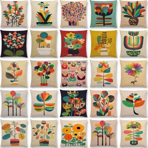 Colorful Cartoon Flowers Rainbow Floral Garden Bonsai Tropical Plants Cushion Cover Pillow Case Polyester linen Christmas Gifts