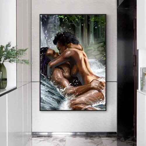 Kissing Lovers Canvas Art Oil Painting Naked Black Couple Poster and Prints Scandinavian Wall Art Modern Home Decorative Picture