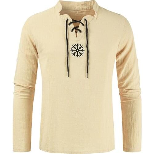 New Fashion Casual Slim Shirt Long Sleeve Cotton Linen Solid Color Shirt Men V Neck Outdoor Tee Tops Loose Vintage Clothing