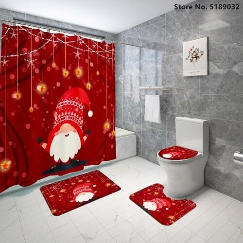 Santa Claus Waterproof Shower Curtain Happy New Year Bathroom Curtains Set Non-Slip Rug Toilet Lid Cover And Holiday Bath Mat
