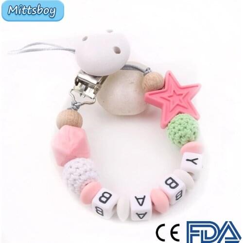 Hot Personalised Name Silicone Five Star Bead Pacifier Clip Colorful Pacifier Chain for Baby Teething Soother Chew Toy Dumy Clip