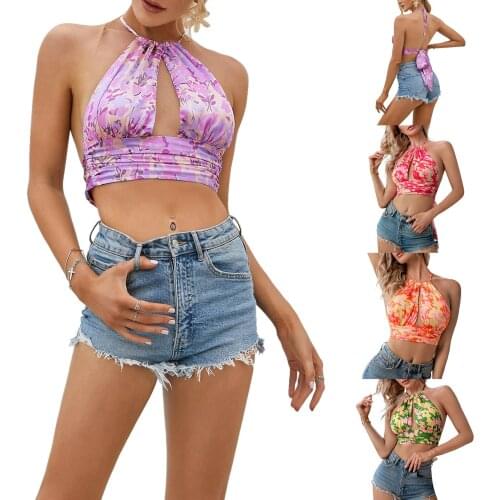 2021 Womens Fashion Halter Crop Tops Sexy Sleeveless Backless Deep V Floral Print Cutout Camisole
