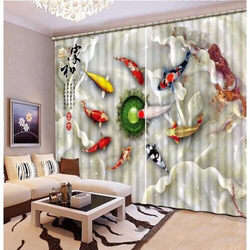 3D Curtain Blackout Shade Window Curtains Jade Carving Fish Curtains For Living Room 3D Bathroom Shower Hook Curtain