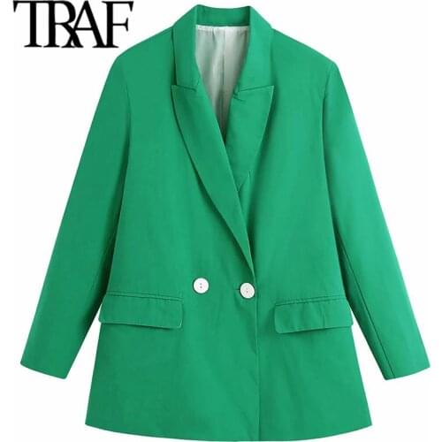 ZHENBAILI Summer Casual Green Blazer Chic Notched Collar Flap Pocket Double Breasted Women Long Tops Office Lady Suit Jacket