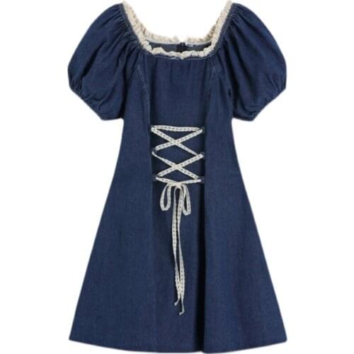 Sannian Puff Sleeve Denim Dress Women Sense Niche Retro Summer New Temperament Small Square Collar Dresses Women Clothes