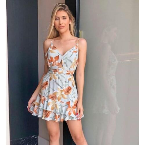 New Summer Womens Backless Strap V Neck Ruffle Casual Beach Dresses Floral Printed Sleeveless Elegant Dress PYU1