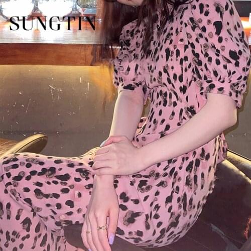 Sungtin Puff Sleeve Leopard Pink Long Dress Women Vintage A Line Empire O Neck Print Dress Summer Korean Fashion Casual Vestidos