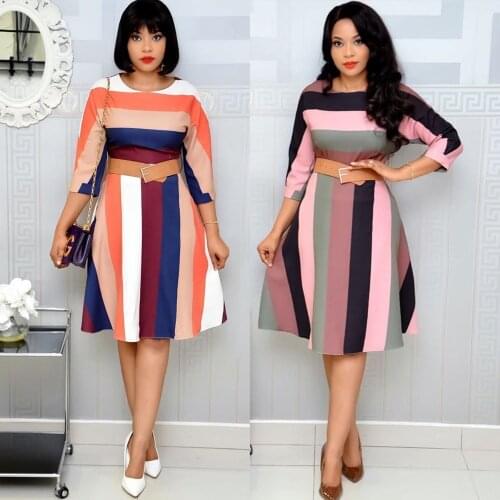 HGTE Rainbow Striped Print Ladies Fashion Dress M-2XL large size rainbow color office dress Business party temperament dress