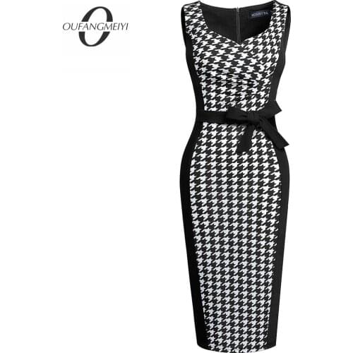 Women Modern Elegant Sleeveless Square Collar Houndstooth Patchwork Bow Bodycon Pencil Dress EB657