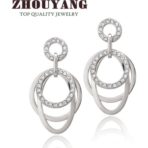 ZHOUYANG Drop Earrings For Women Multilayer geometry Round White Gold Color Wholesale Jewelry Austrian Crystal ZYE059