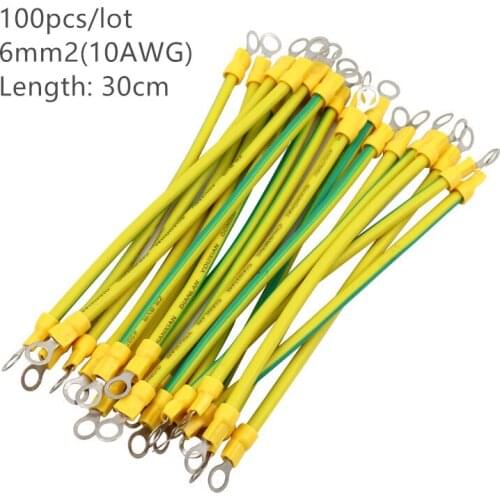 100pcs 30cm Length 10 AWG 6mm2 BVR Yellow-Green Solar Grounding Wire with Terminals Copper PV Cabinet Bridge Leakage Earth Cable