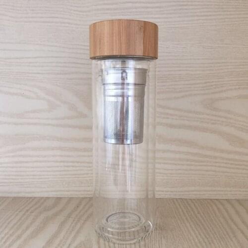 25pcs/lot Free shipping 400ml Bamboo lid Double Walled glass tea tumbler Includes strainer and infuser basket lin4580