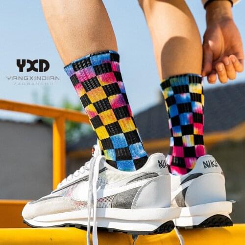 3 Pairs/Mens Socks High Quality Thick Terry Cotton Tie-Dyed Skateboard Hip-Hop Sport Socks Men Fashion Polychrome Plaid Socks