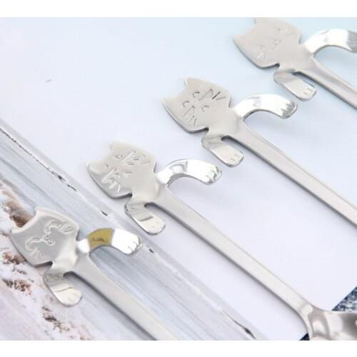 4Pcs Teaspoon Silver Tea Spoon Dessert Spoon Coffee Spoon Short Handle 304 Stainless Steel Stirring Spoon Tableware Cat Kitty