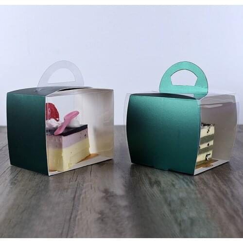 50pcs High quality portable transparent fruit cake packaging box square dessert takeaway packaging plastic paper cup with handle