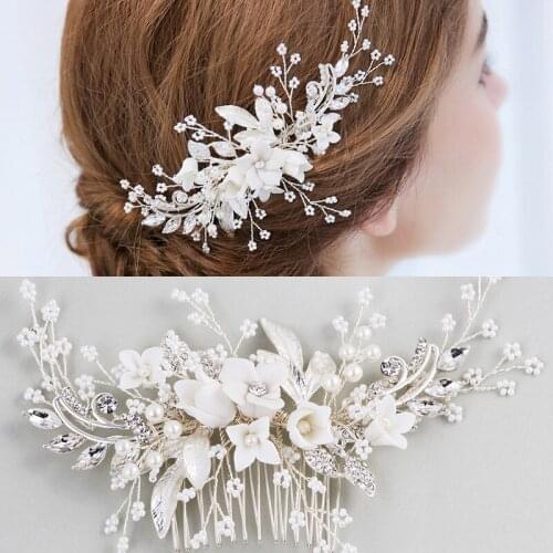 White Flower Bride Hair Comb Hair Accessories Wedding Hair Comb Rhinestone Pearl Elegant Ladies Head Jewelry Headband Flower