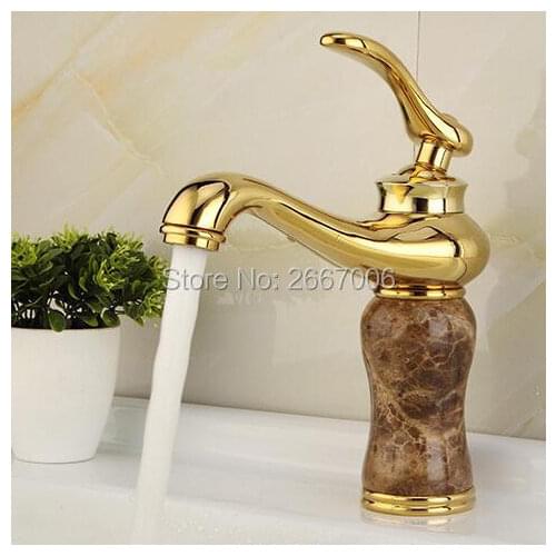 Free shipping New Golden and Marble Stone Faucet Bathroom Vanity Sink Faucet Luxury Brass Tap with Hot and Cold Pipe Mixer ZR808