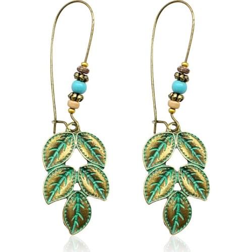 Bohemia Green Leaves Drop Earrings Round Summer Beach BOHO Earrings for Women Girl Plants Vintage Geometry Beads Dangle Jewelry