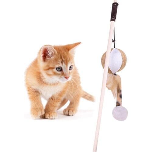 Wooden Cat Teaser Wand Faux Feather Kitten Teaser Stick Cat Catcher Toy Kitten Toy With Bell Cat Interactive Toy Random Color