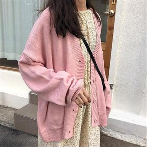 2021 Cardigan Women Solid Simple Basic Sweater Preppy Style Casual Long Sleeve V-neck Loose Plus Size 2XL All-match Autumn Hot