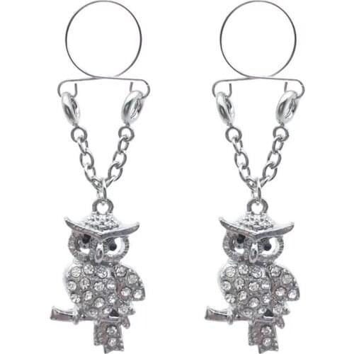 Fashion Cute Animal white Crystal Owl Non pierced Clip On Nipple Ring Nipple Jewelry Fake Nipple Rings Dangle Adjustable Body