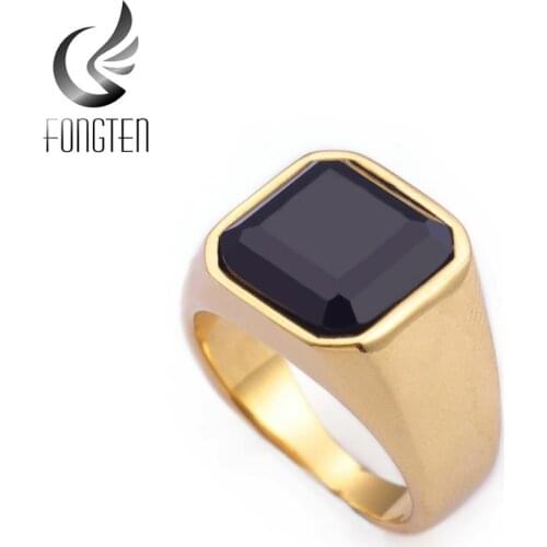 Fongten Curb Square Black Stone Ring Gold Silver Color Stainless Steel Big Punk Polished Finger Rings Couple Lover Wedding Rings