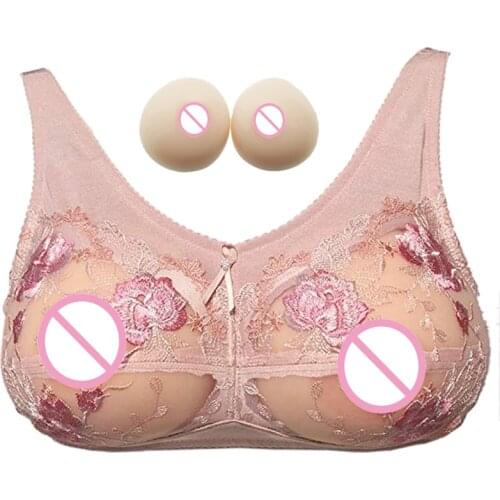 Lace Pocket Bra with One Pair Silicone Inserts for Crossdresser Mastectomy Drag Queen Ajusen