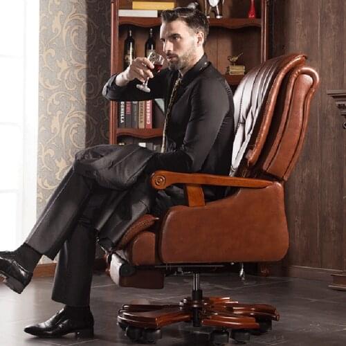 Hua Solid Wood Boss Office Chair Leather Executive Chair Lifting Rotating Footrest Leather Computer Chair