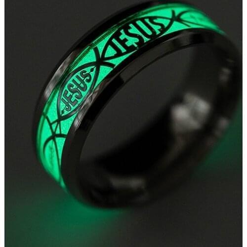 2019 New Gold/Silver Color Glow in the Dark JESUS Letter Man Titanium Steel Ring Jesus Luminous Ring Classic Vintage Jewelry