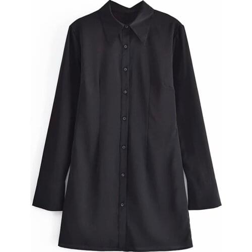 New Women Vogue Single Breasted Solid Shirt Style Mini Dress Long Sleeves Lapel Neck Vintage Female Dresses Woman Robe