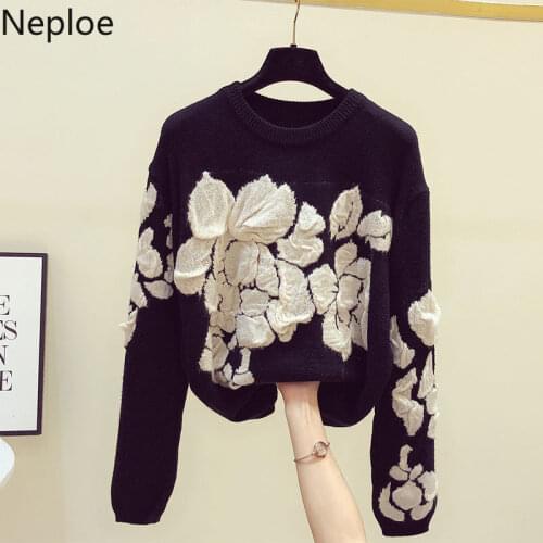 Neploe Fall 2021 Women 3D Embroidery Floral Sweaters Vintage O-neck Knitted Pullovers Sueter Mujer Fashion Korean Jumper 4F171