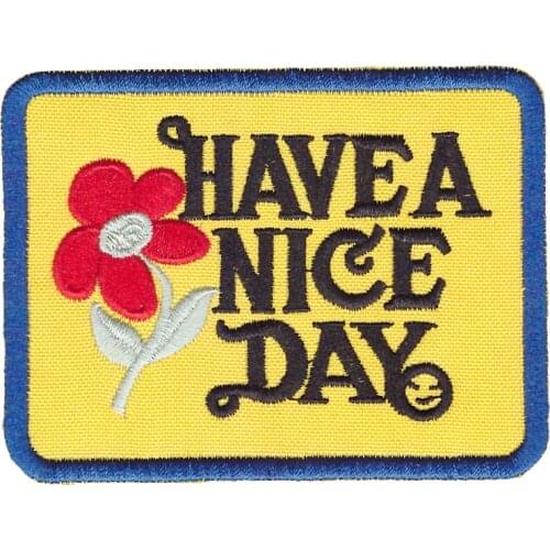 Have a Nice Day with a red flower in yellow background Full of love Embroidered iron on patch