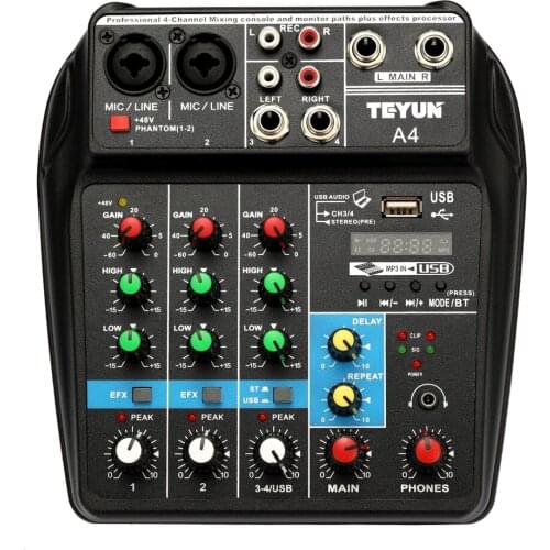 TU04 BT Sound Mixing Console Record 48V Phantom Power Monitor AUX Paths Plus Effects 4 Channels Audio Mixer with USB