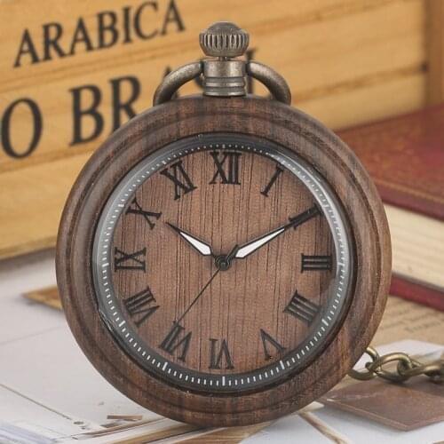 Retro Ebony Wood Quartz Pocket Roman Literal Round Dial Luxury Luminous Needle Wooden Clock Art Collectibles Relojes De Bolsillo