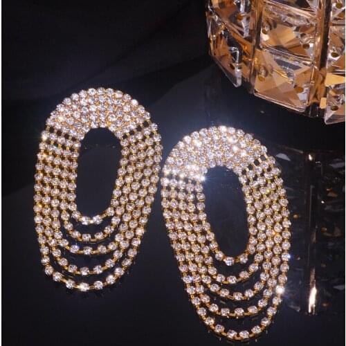 Luxury Shiny Rhinestone Tassel Dangle Earrings For Women Geometric Round Crystal Drop Earrings Wedding Big Earrings Jewelry Gift