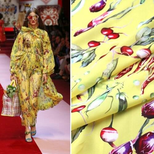 New spring and summer yellow vegetable chiffon printing apparel fabric drape sense handmade DIY dress shirt fabric wholesale