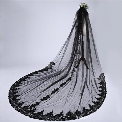 Black Cathedral Bridal Wedding Veils 3 Metres Tulle With Comb Appliques edge Veil voile de Mariage Noir velo de novia Longue