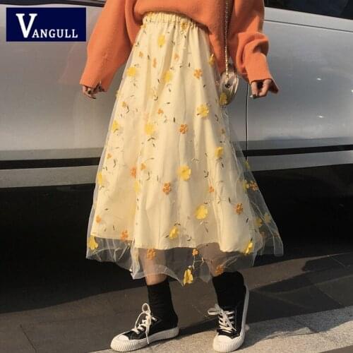Vangull 3D Flower Lace Skirt Women Summer New High Waist A-line Vintage Mesh Long Skirt Fashion Female Elegant Midi Tulle Skirt