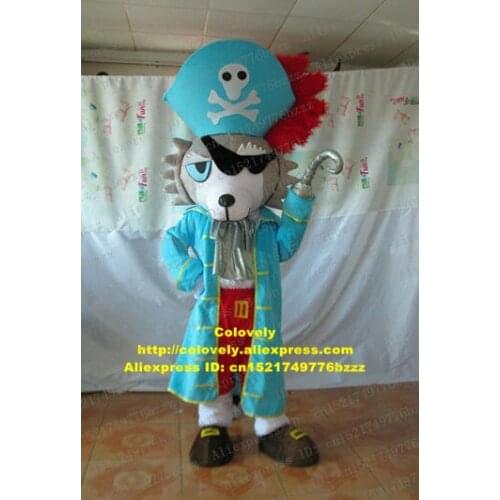 Vivid Gray Pirate Wolf Coyote Mascot Costume Adult Size With Blue Coat Red Pants Black Blinder Big High Hat No.4697 Free Ship