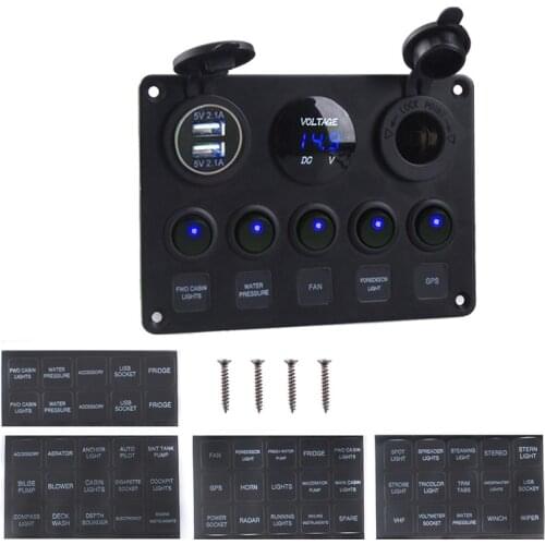 Dual USB Socket Charger LED Voltmeter 12V Power Outlet 5 Gang ON-OFF Toggle Switch Panel for Car Boat Marine RV Truck