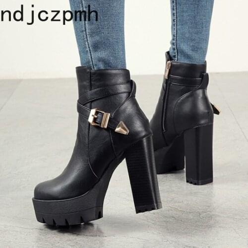 Martin Boots New Autumn and Winter Belt Buckle Round Head Zipper High Heel Short Tube Womens Shoes Plus Size 33-43 11cm High